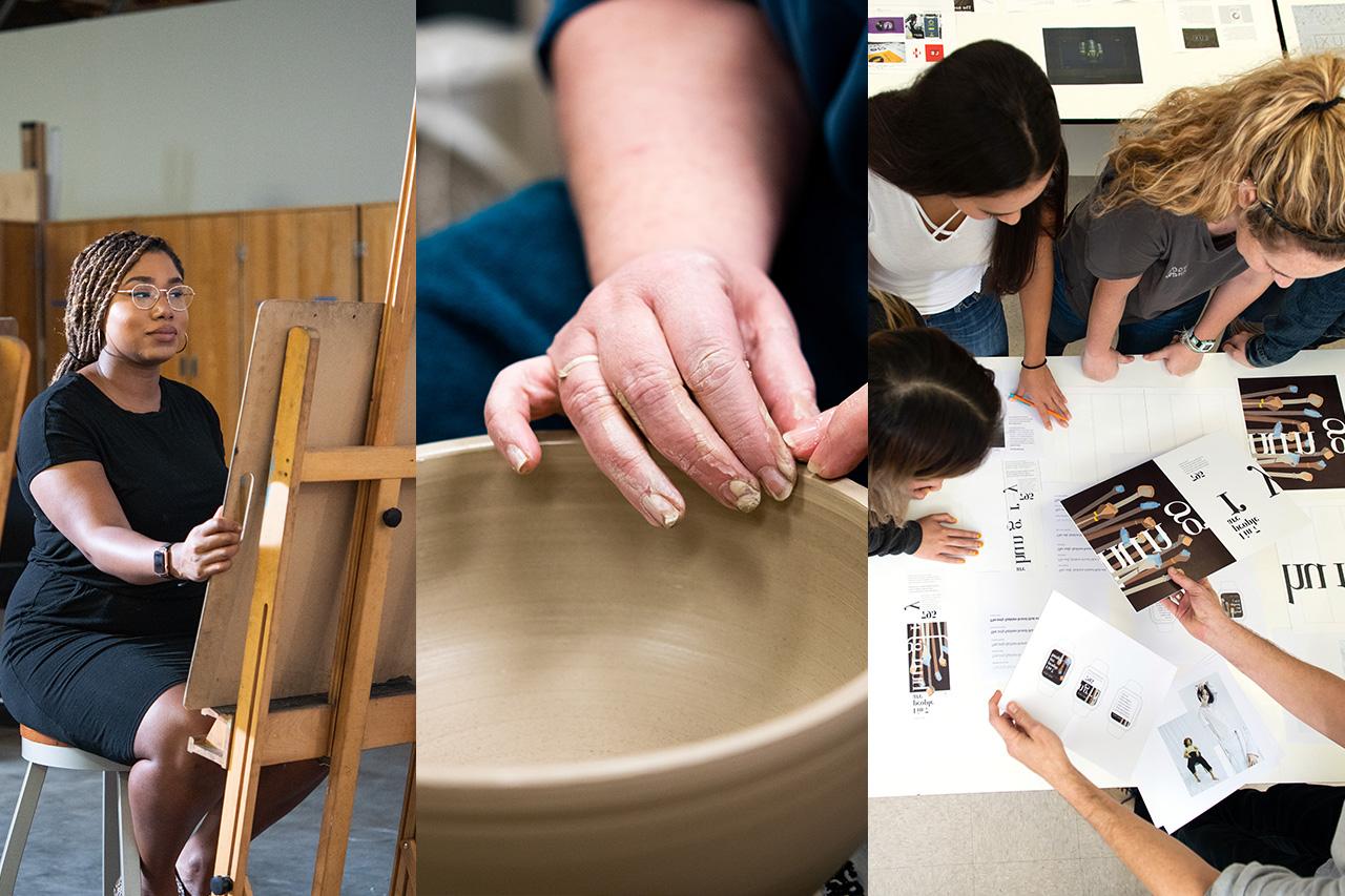 在平面设计上工作的学生，在雕刻碗的教授，在画架上画画的学生. 